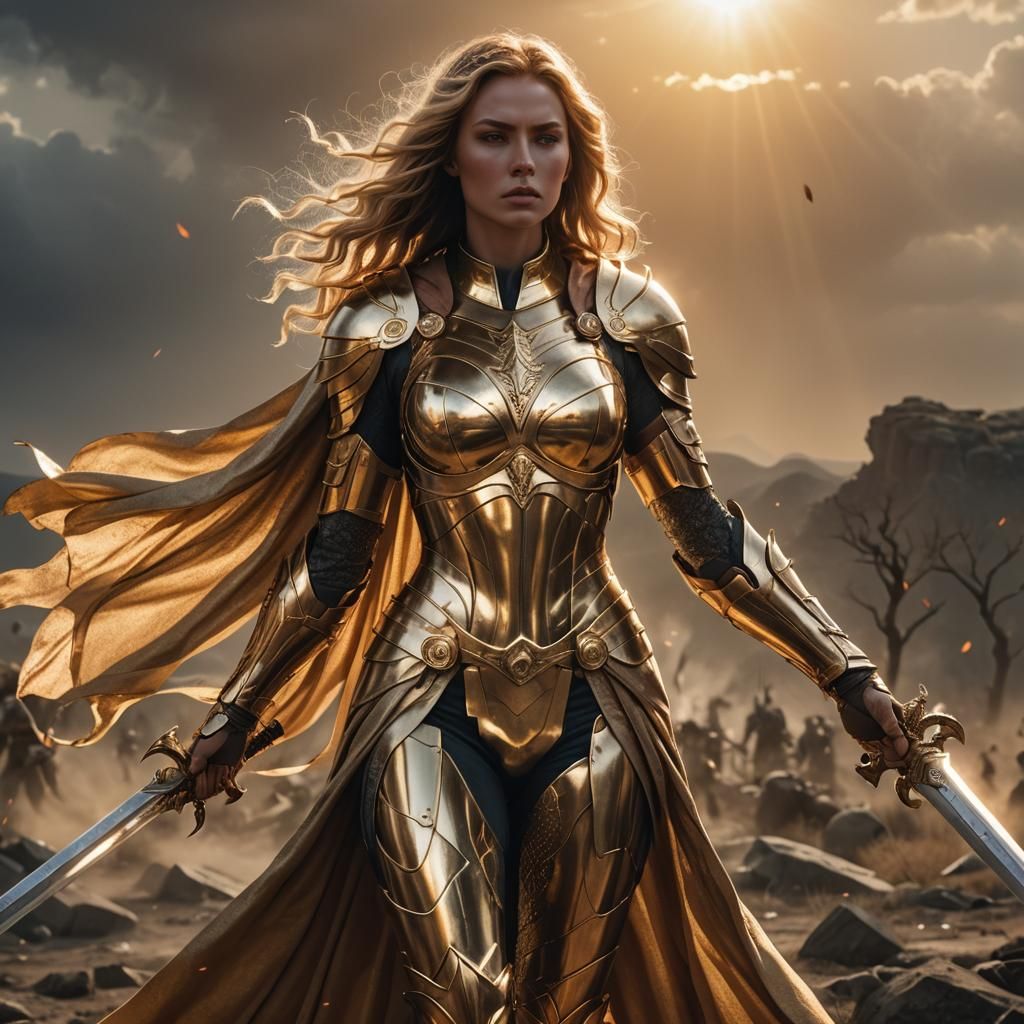 A powerful warrior goddess-like superheroine in golden armor