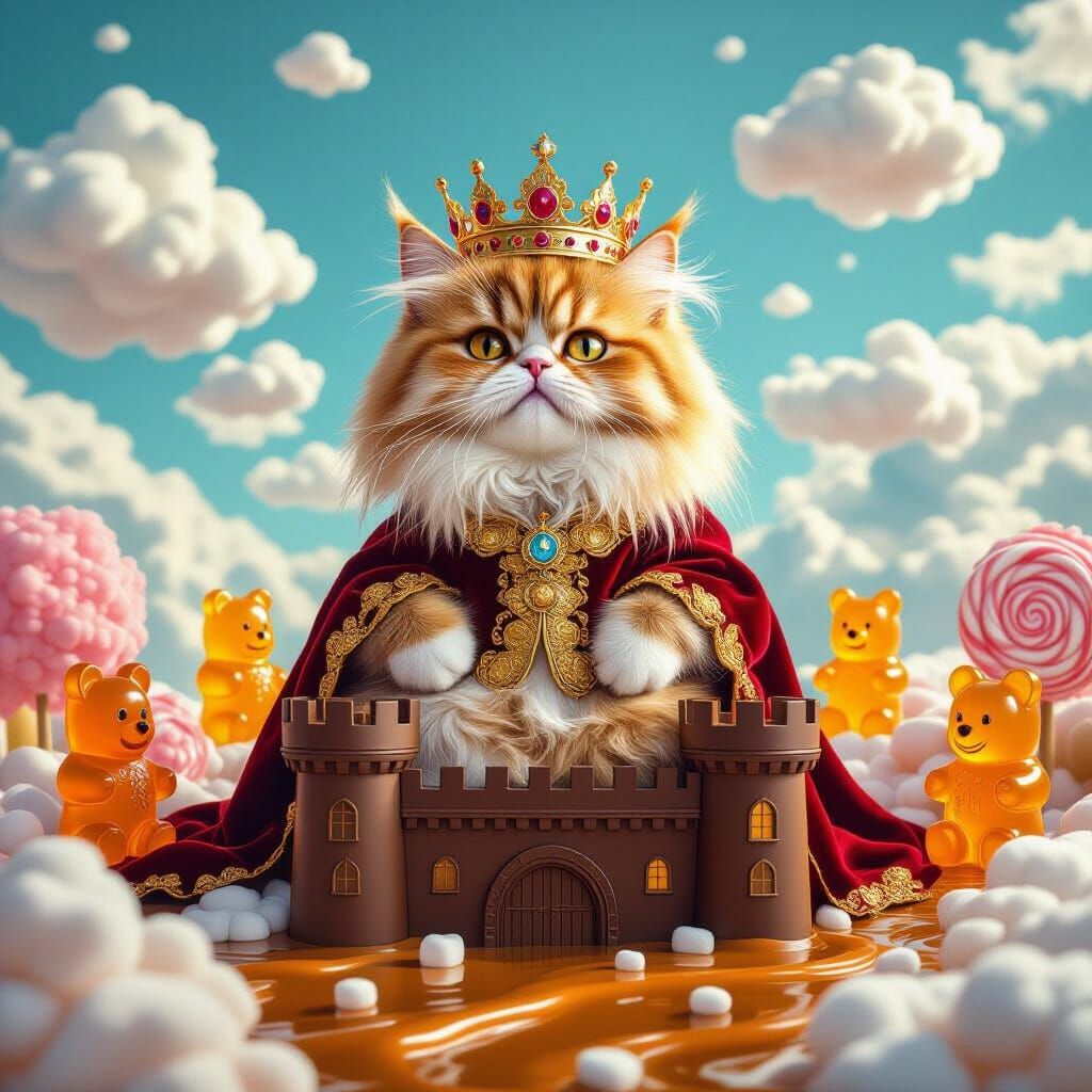 Persian Cat King in Candy Kingdom, Hyperrealistic Digital Ar...