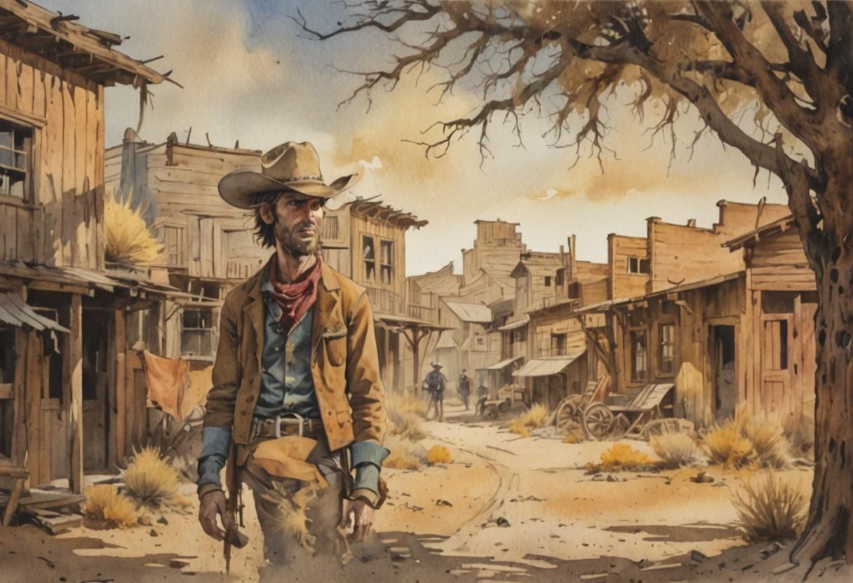Cowboy in Wild West Village: Watercolor Comic Art