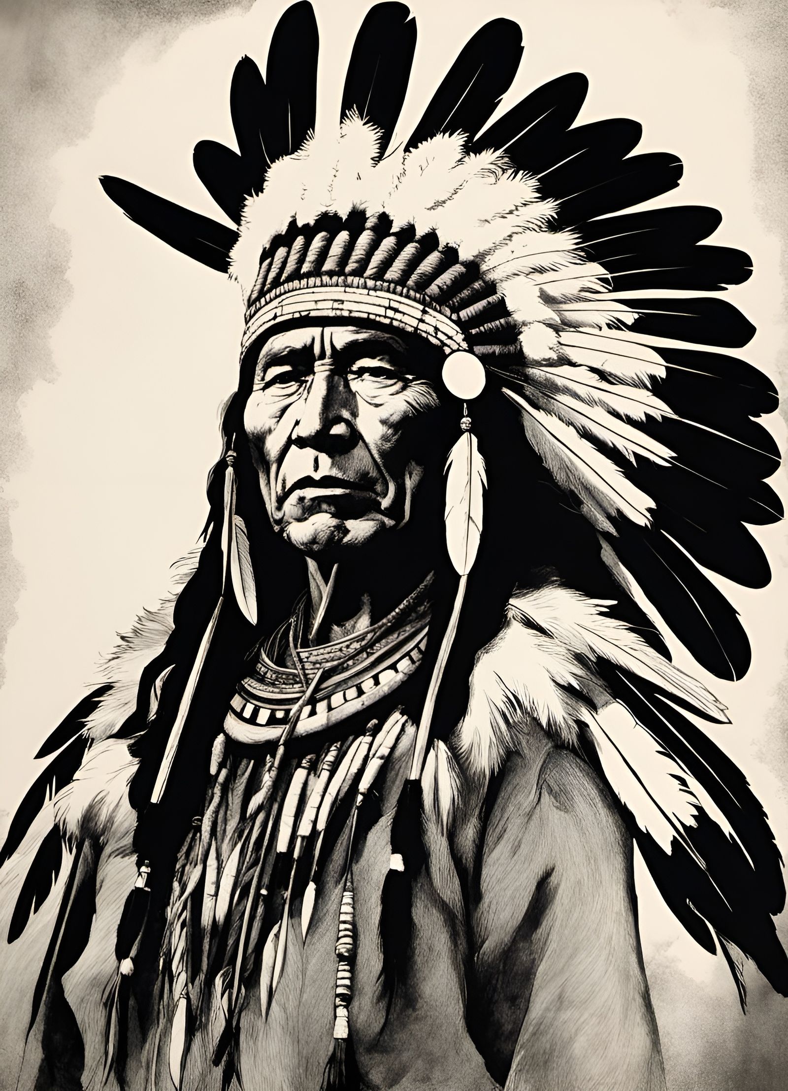 Native American Chief in Black Ink Illustration
