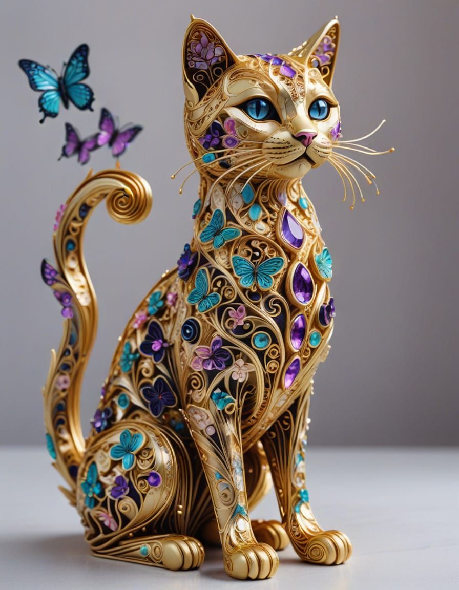Golden Cat Statue with Glowing Butterflies in Vibrant Jewel ...