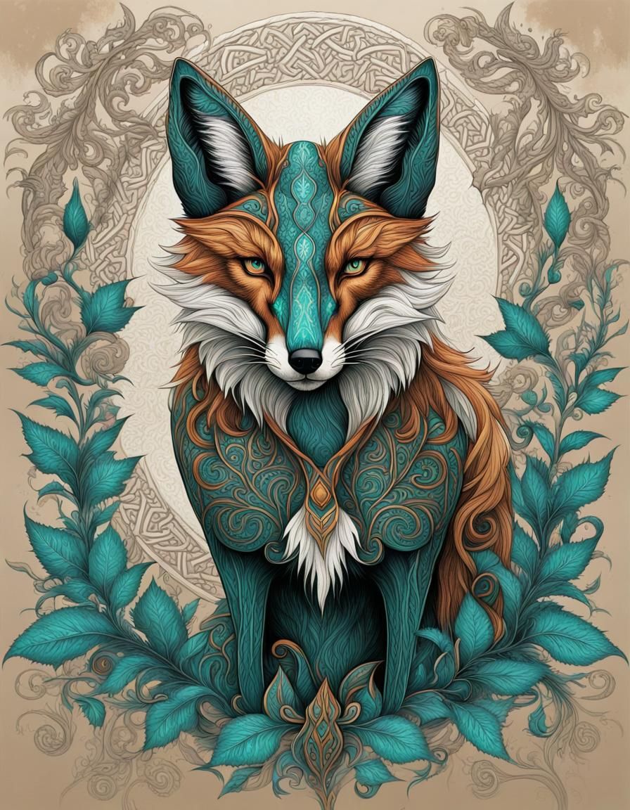 Celtic Fox Spirit Engraving with Detailed Foliage