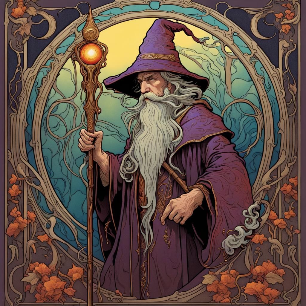 Art Nouveau Wizard With Staff in Profile