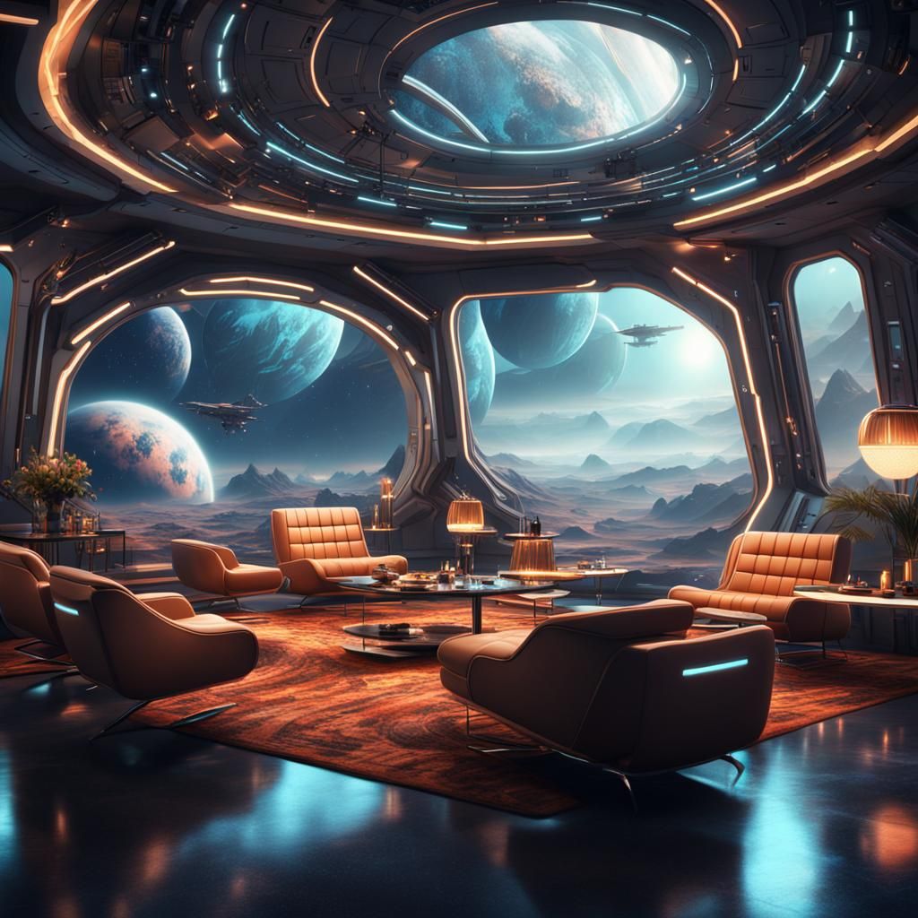 Futuristic Space Hotel Lounge: Digital Matte Painting