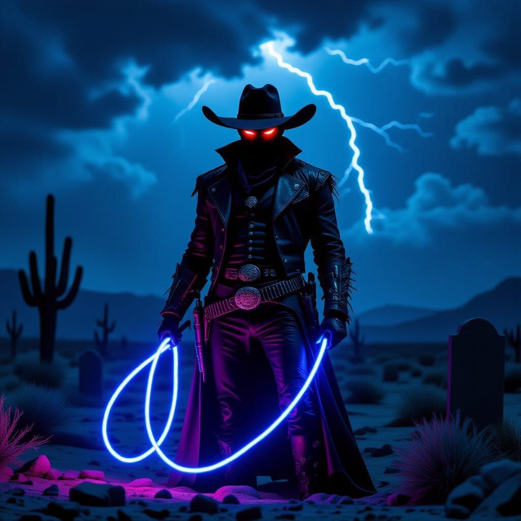 Gothic Cowboy in Neon Noir Desert Night