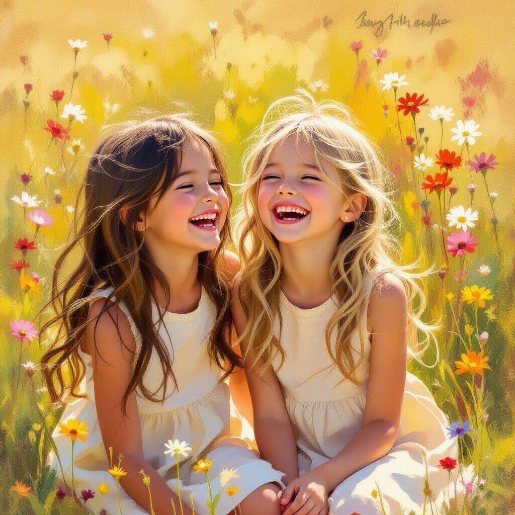 Joyful Girls Laughing in Sunlit Meadow Oil Painting