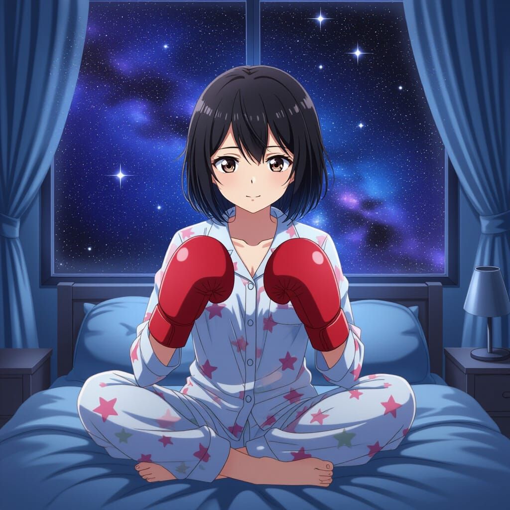 Anime Woman in Pajamas with Boxing Gloves at Night