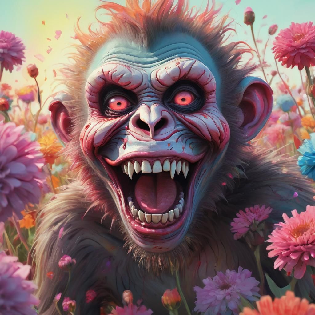 Zombie Monkey Clown in Iridescent Flower Field