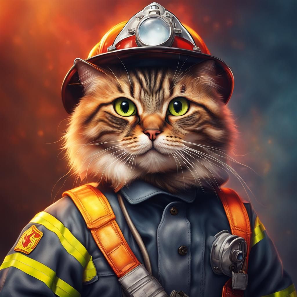 Fluffy Firefighter Cat in Hyperrealistic Splash Art