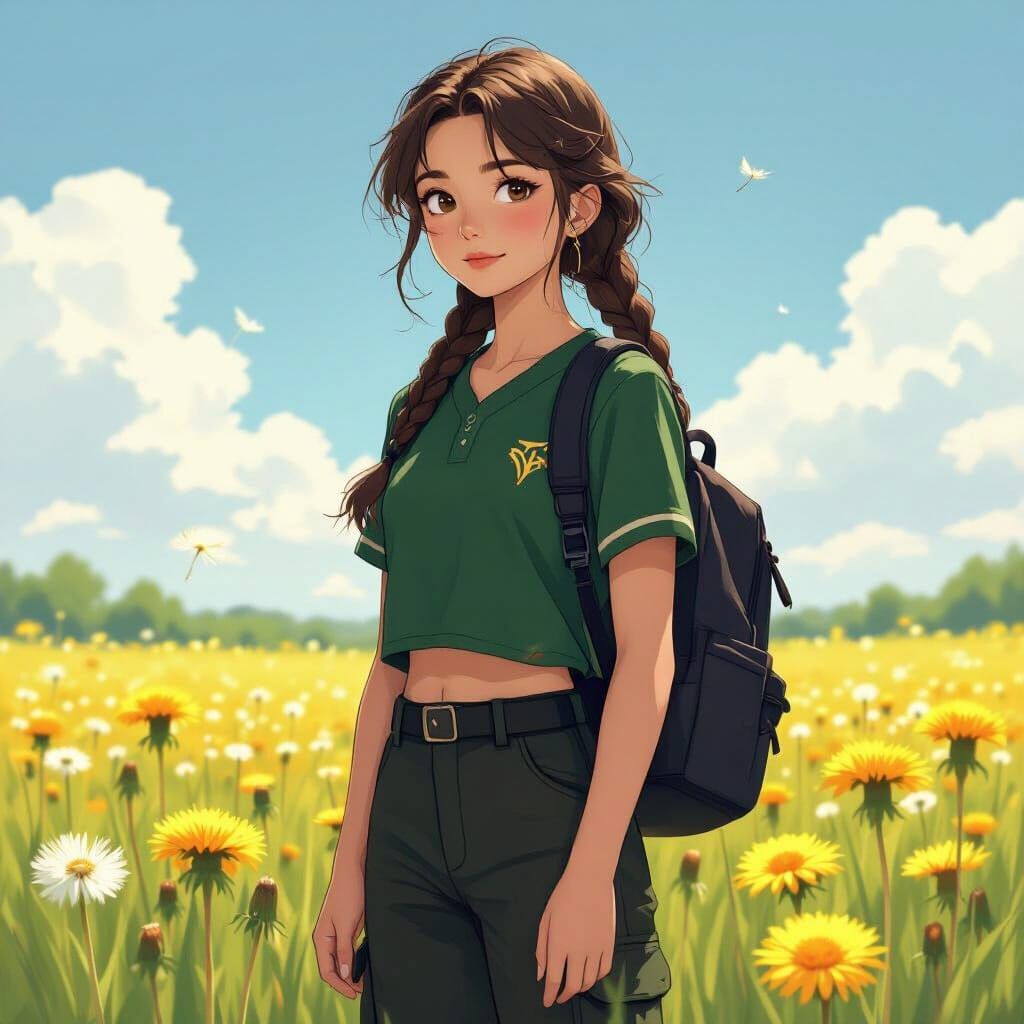 Girl in Dandelion Field in Anime Style