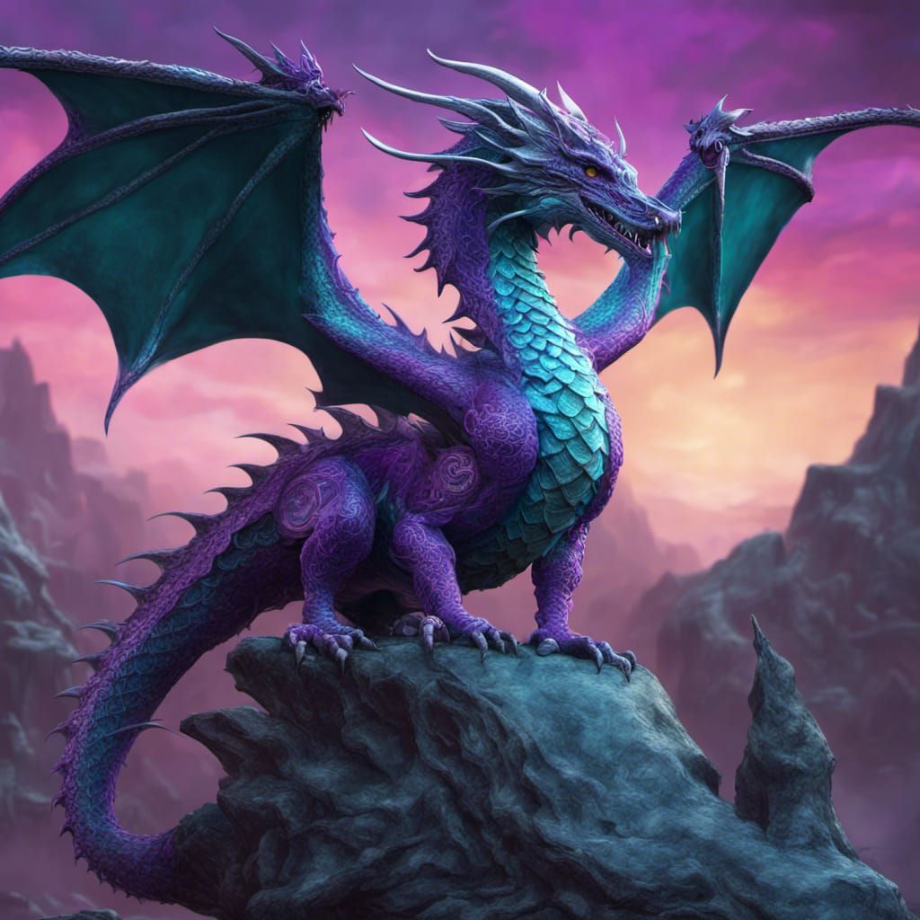 Filigree Dragon in Purple, Teal and Silver