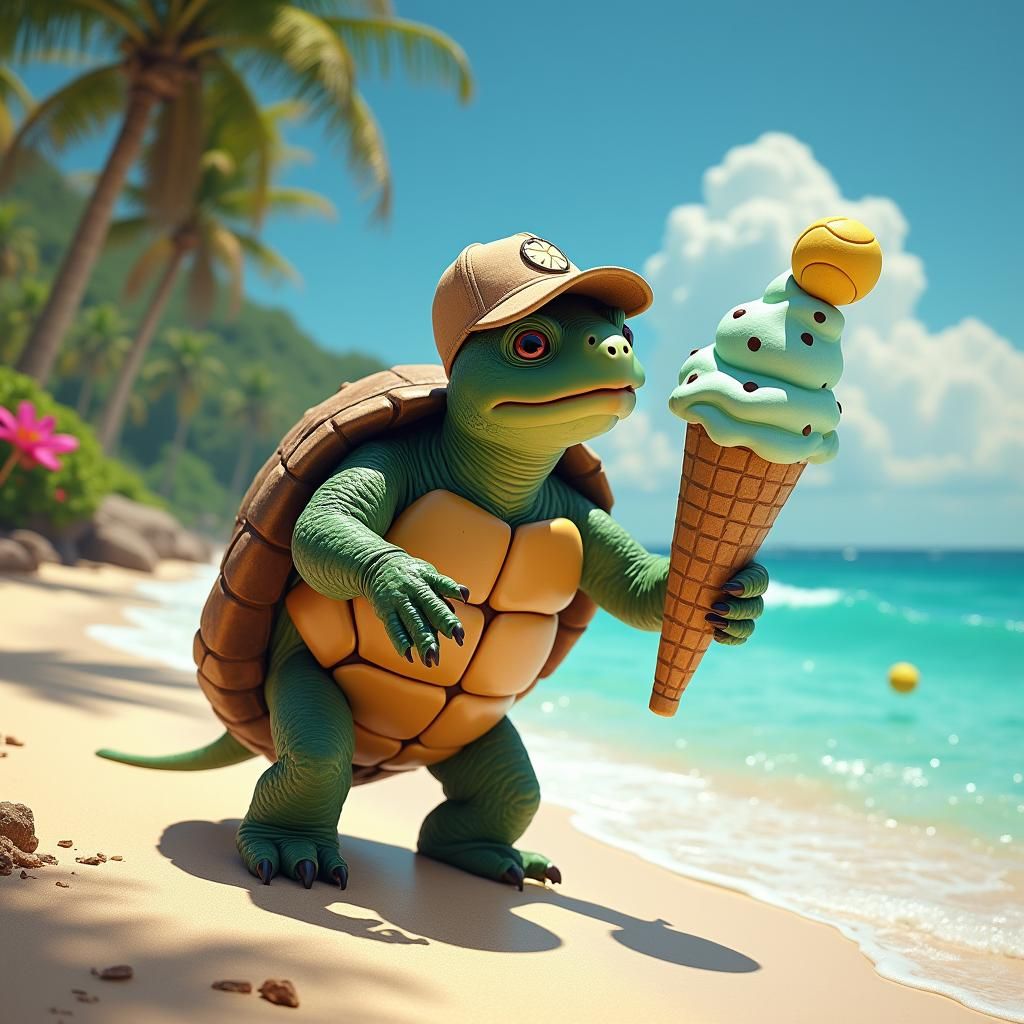 Turtle Plays Baseball on Beach with Ice Cream