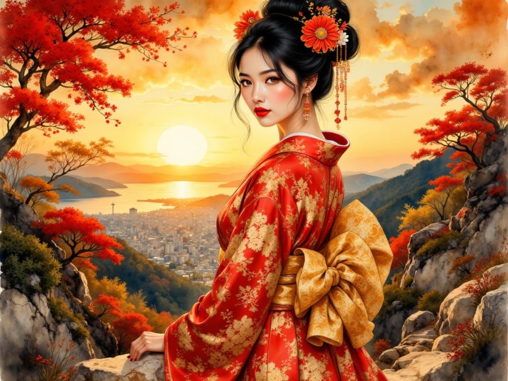 Japanese Woman in Kimono at Sunset