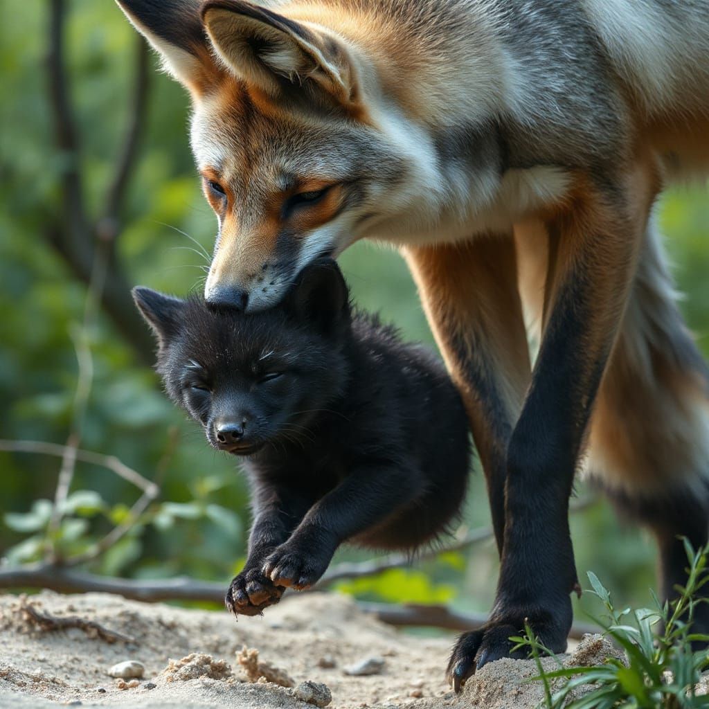 Grey Fox Carries Black Fox Pup Through Forest