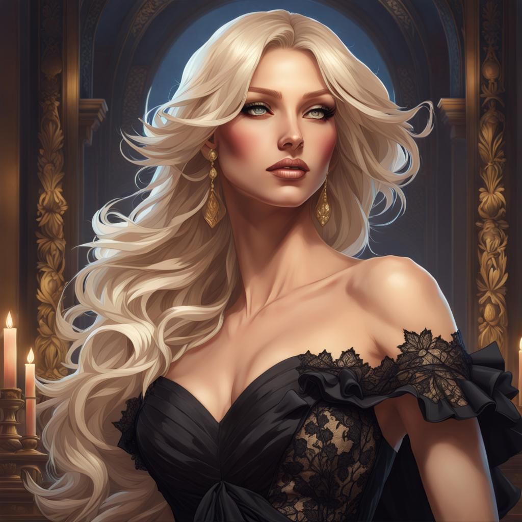 Woman in Black Lace Dress, Hyperdetailed Portrait