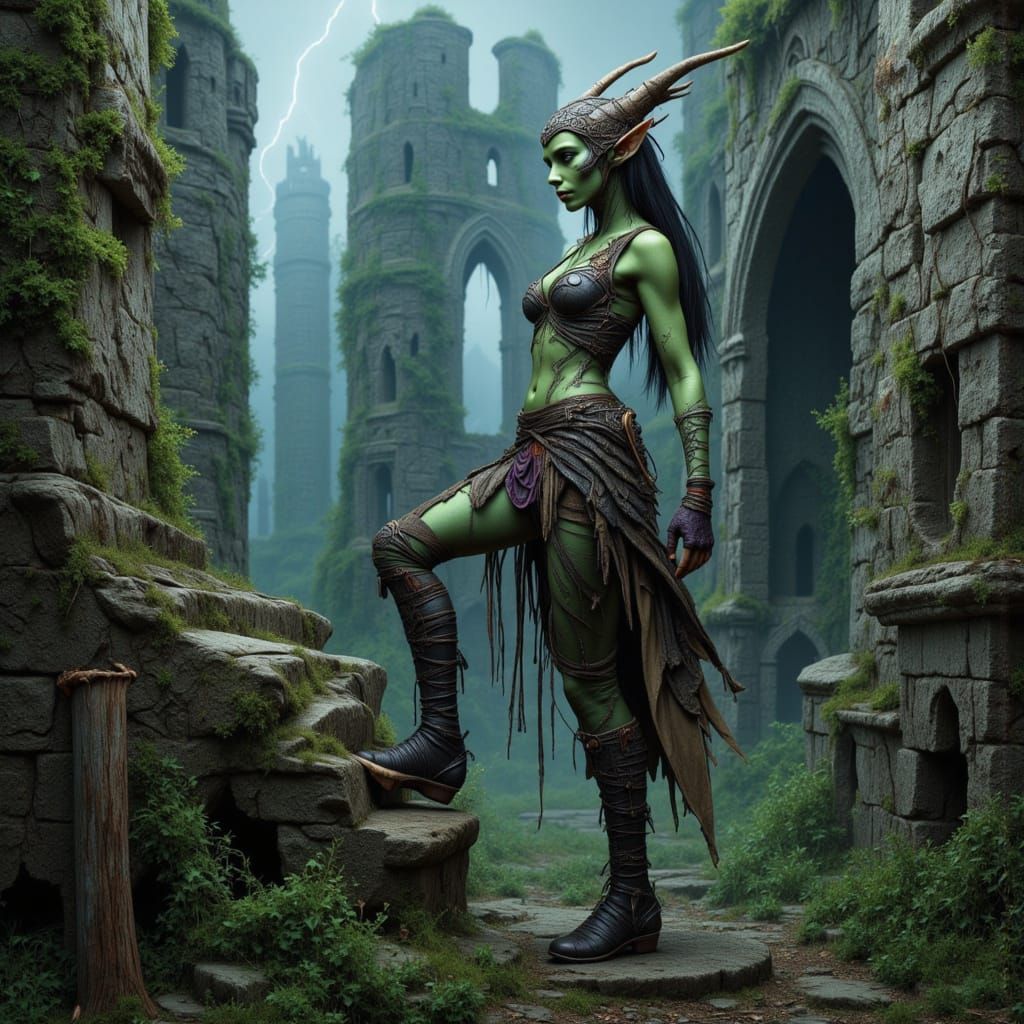 Ethereal Fey Ascends Ancient Castle in Stormy Twilight