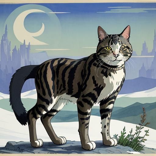 Noble Cat's Return: Vrubel and Ghibli Fusion