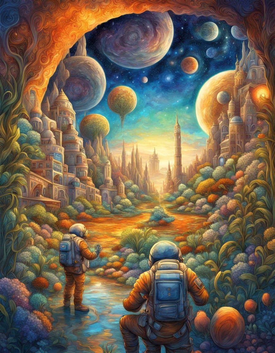 Astronauts and Duck Explore Surreal Mars Landscape