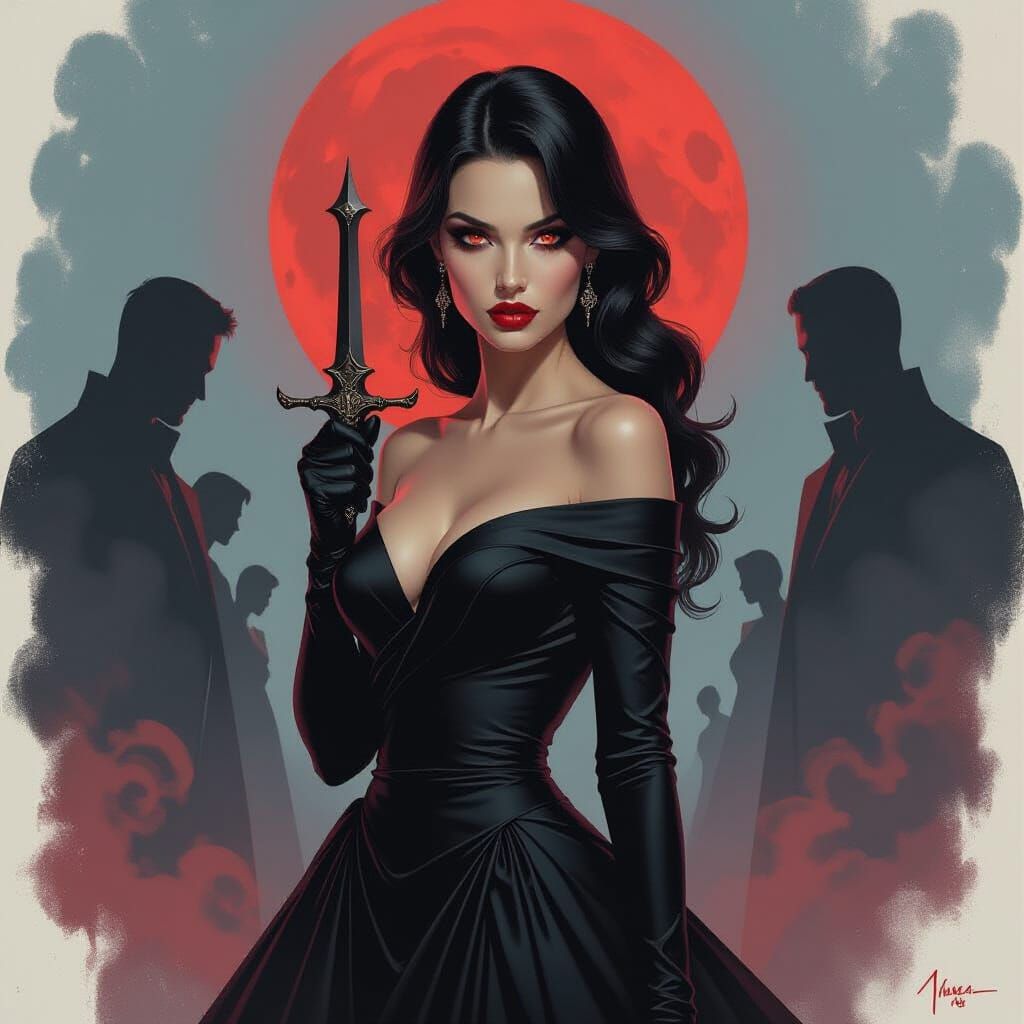 Elegant Woman With Red Lips & Moon Eyes Clenches Dagger