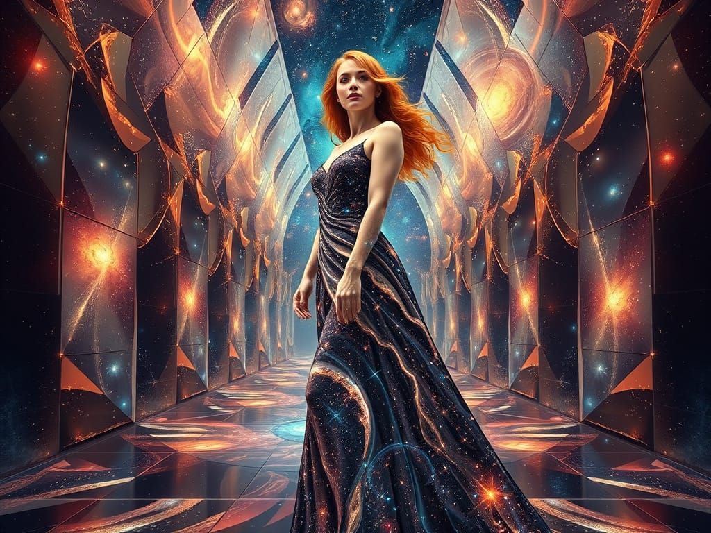 Cosmic Goddess in Nebulae Gown, Starlight Hall of Mirrors