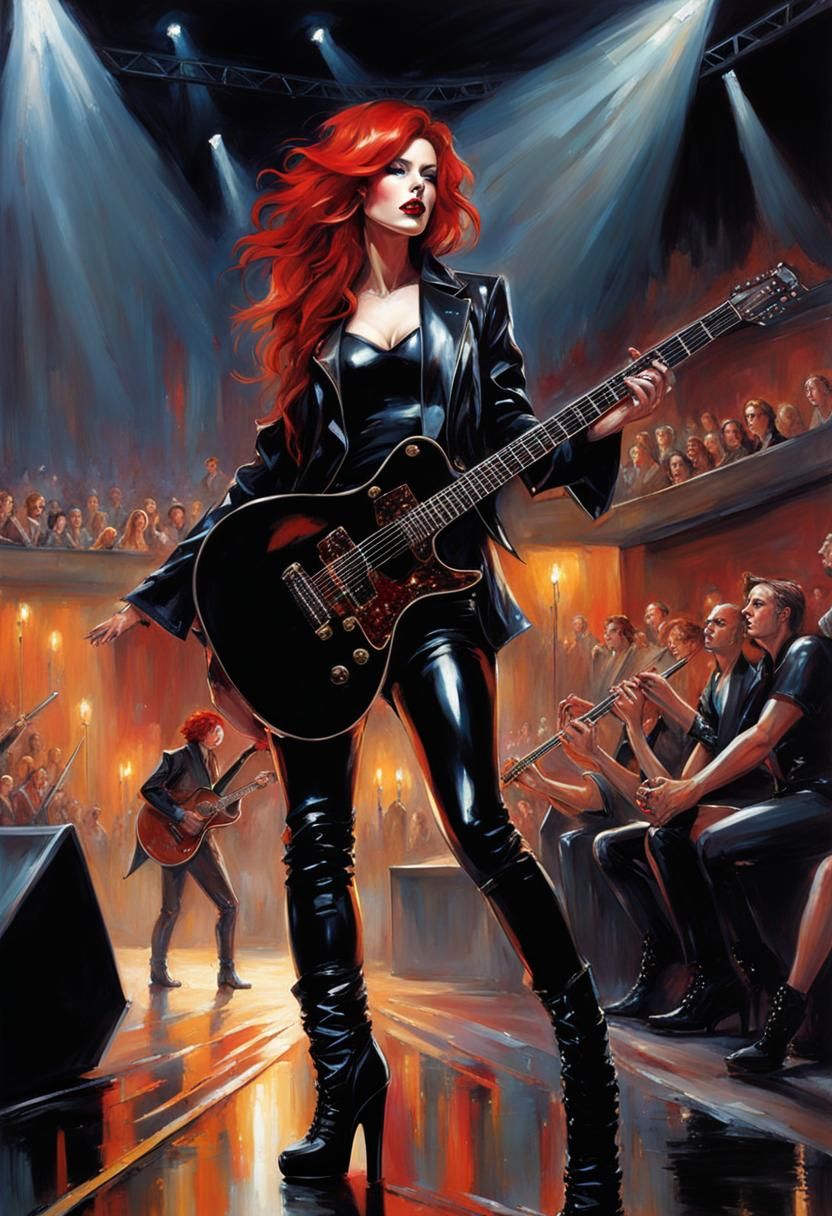 A beautiful woman playing guitar on stage with audience applauding