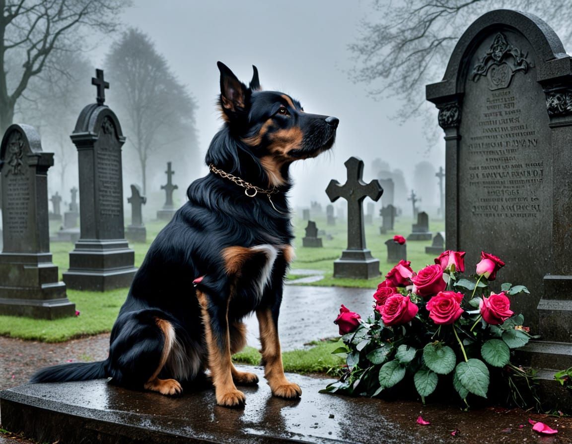 Gloomy Dog Pays Respects to Fallen Master in the Rain