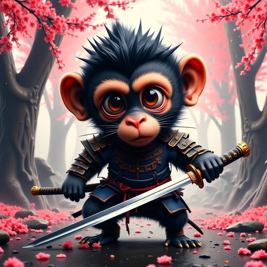 Charming Samurai Monkey Practices with Katana under Cherry B...