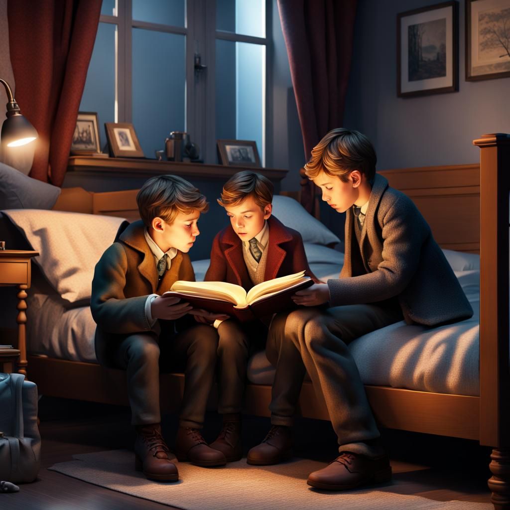 Brothers Reading Sherlock Holmes Storybook Illustration