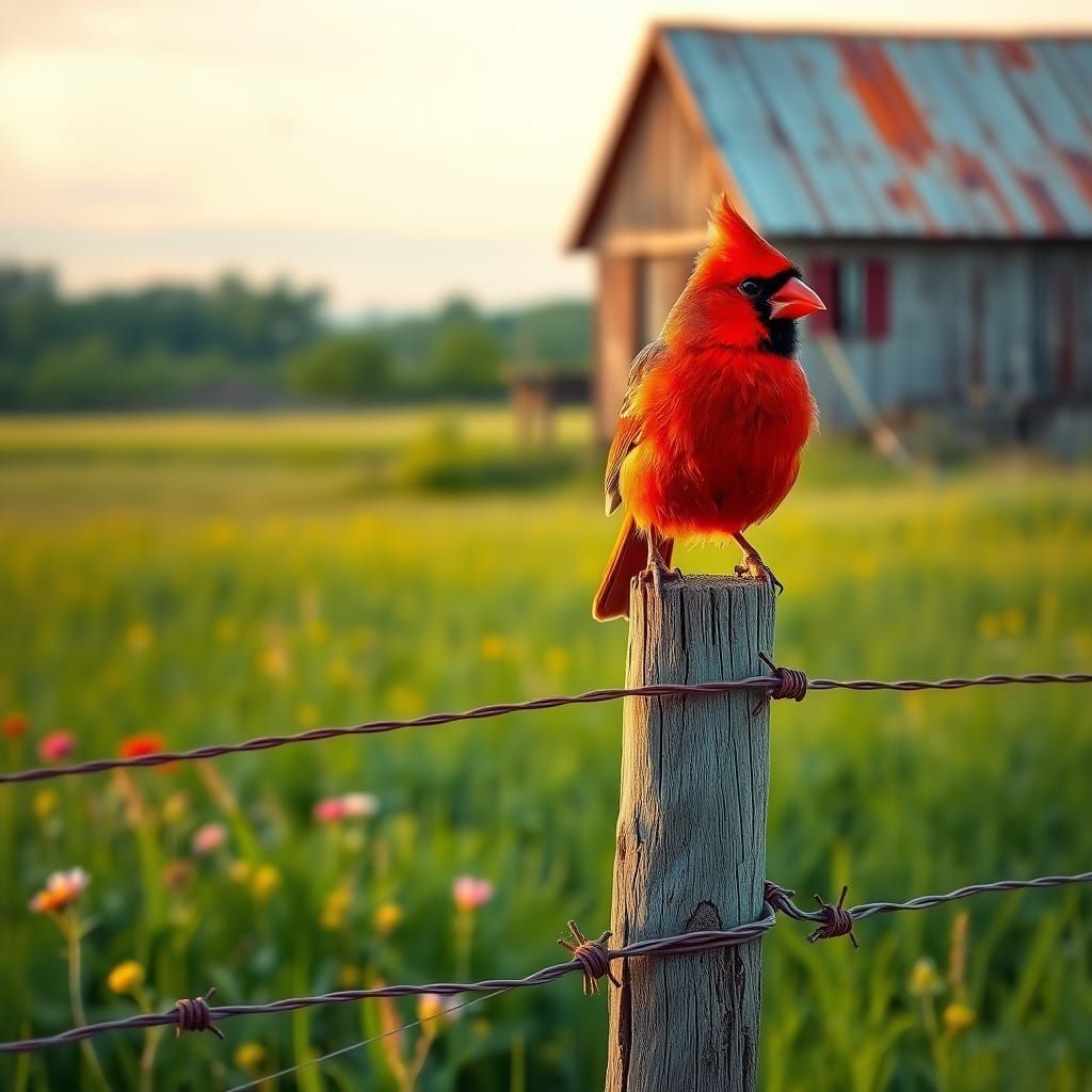 Vibrant Cardinal Perched on Rustic Fence Post in Idyllic Cou...