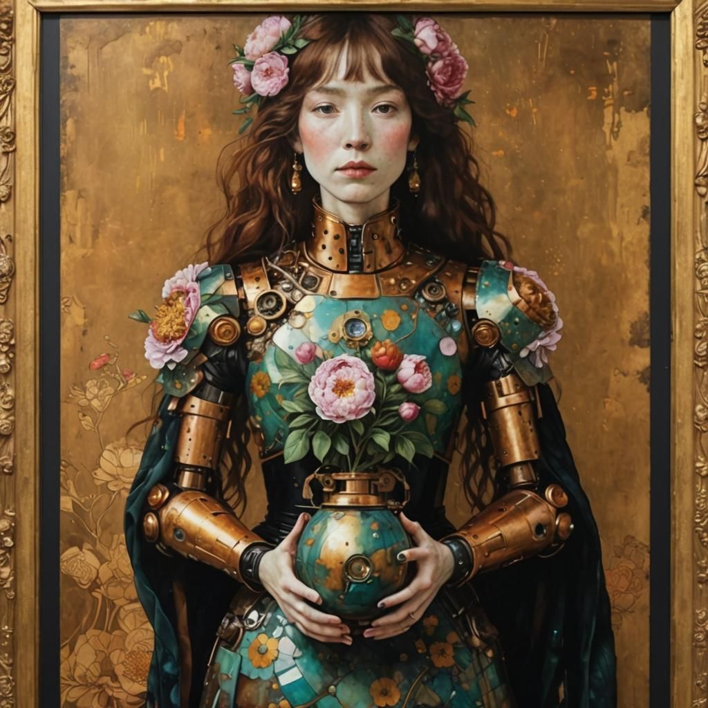 Female Robot with Peonies in Alcohol Ink Style