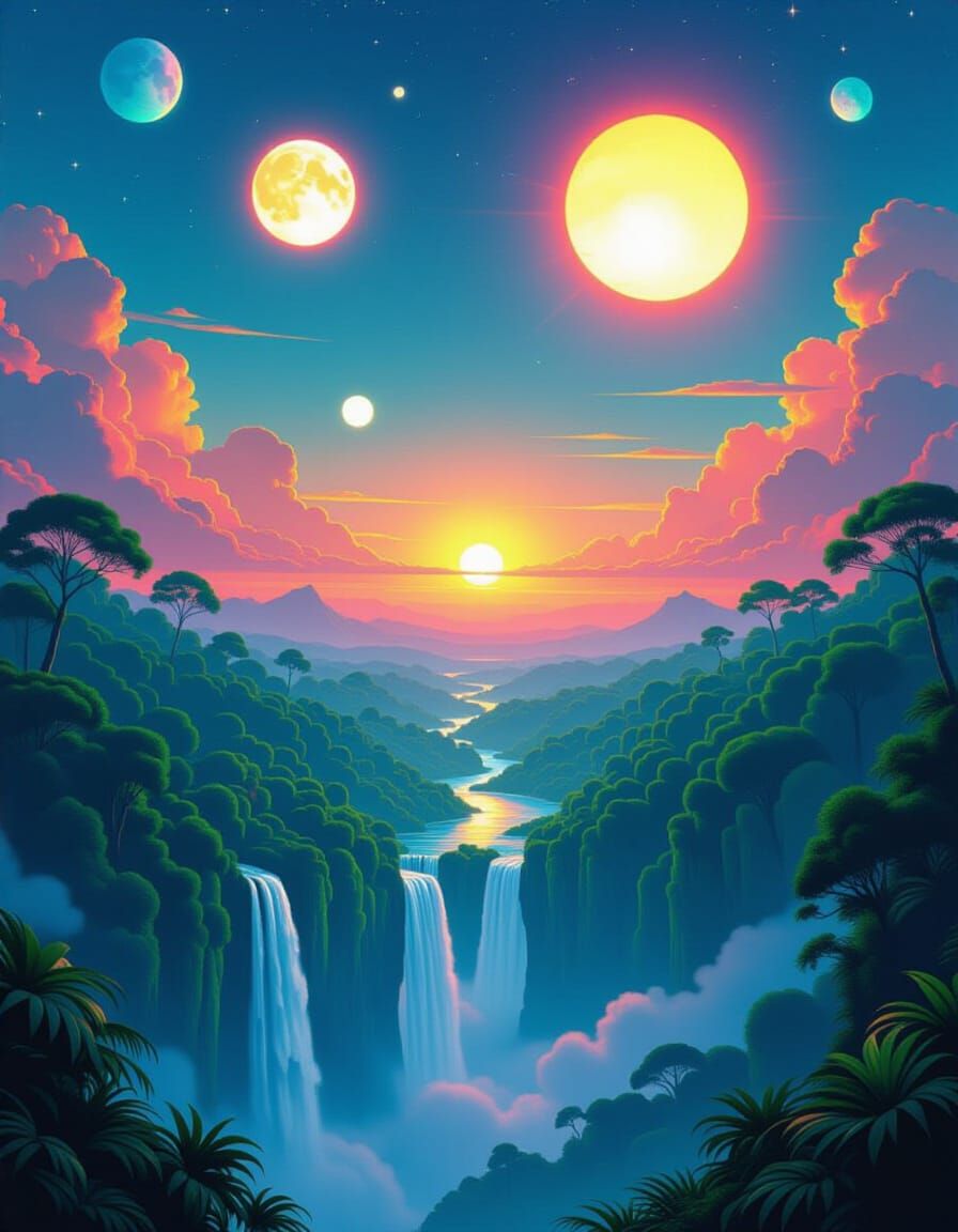 Lush Alien World with Dual Suns and Waterfalls