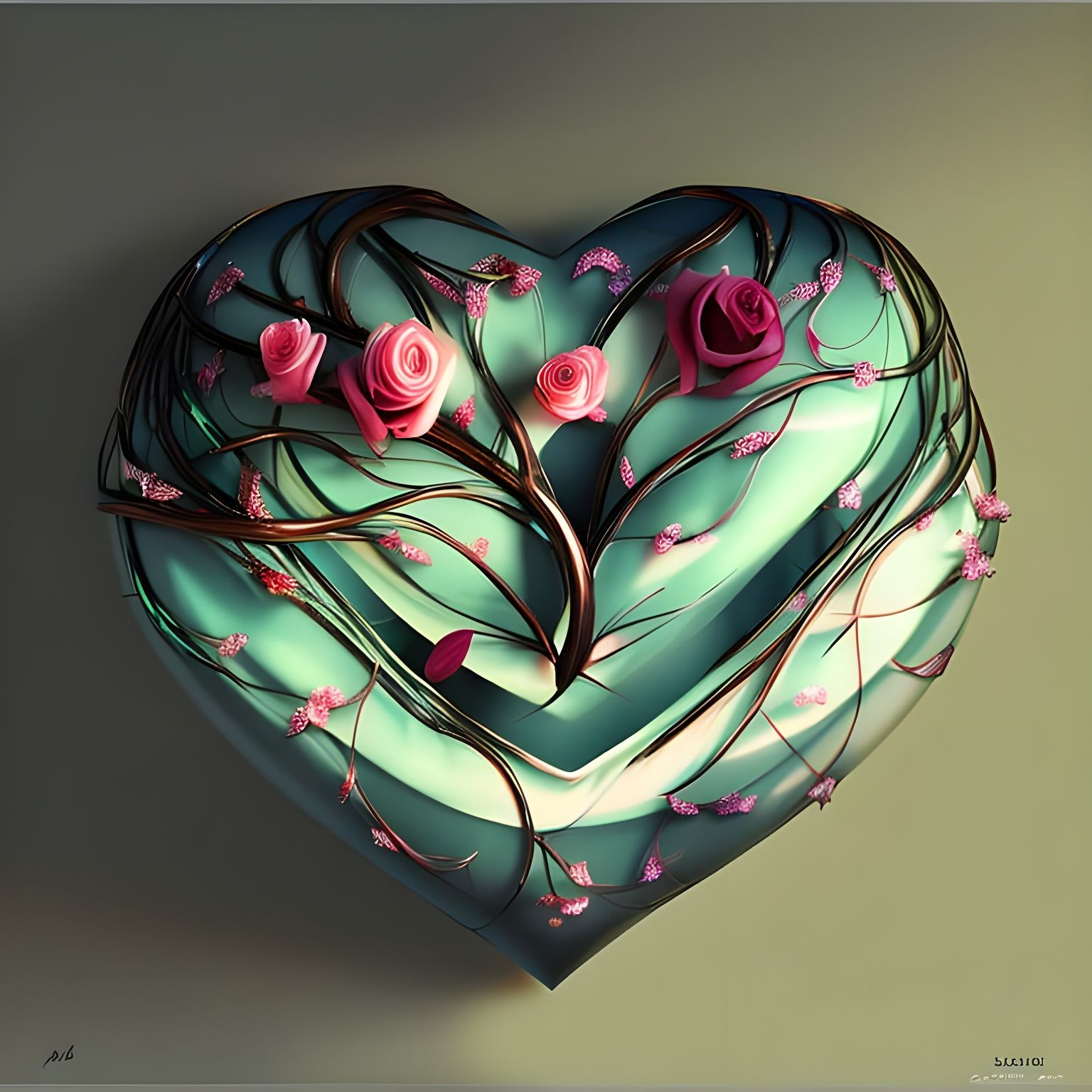 Rose Gold Heart in Vines: Digital Prism Art