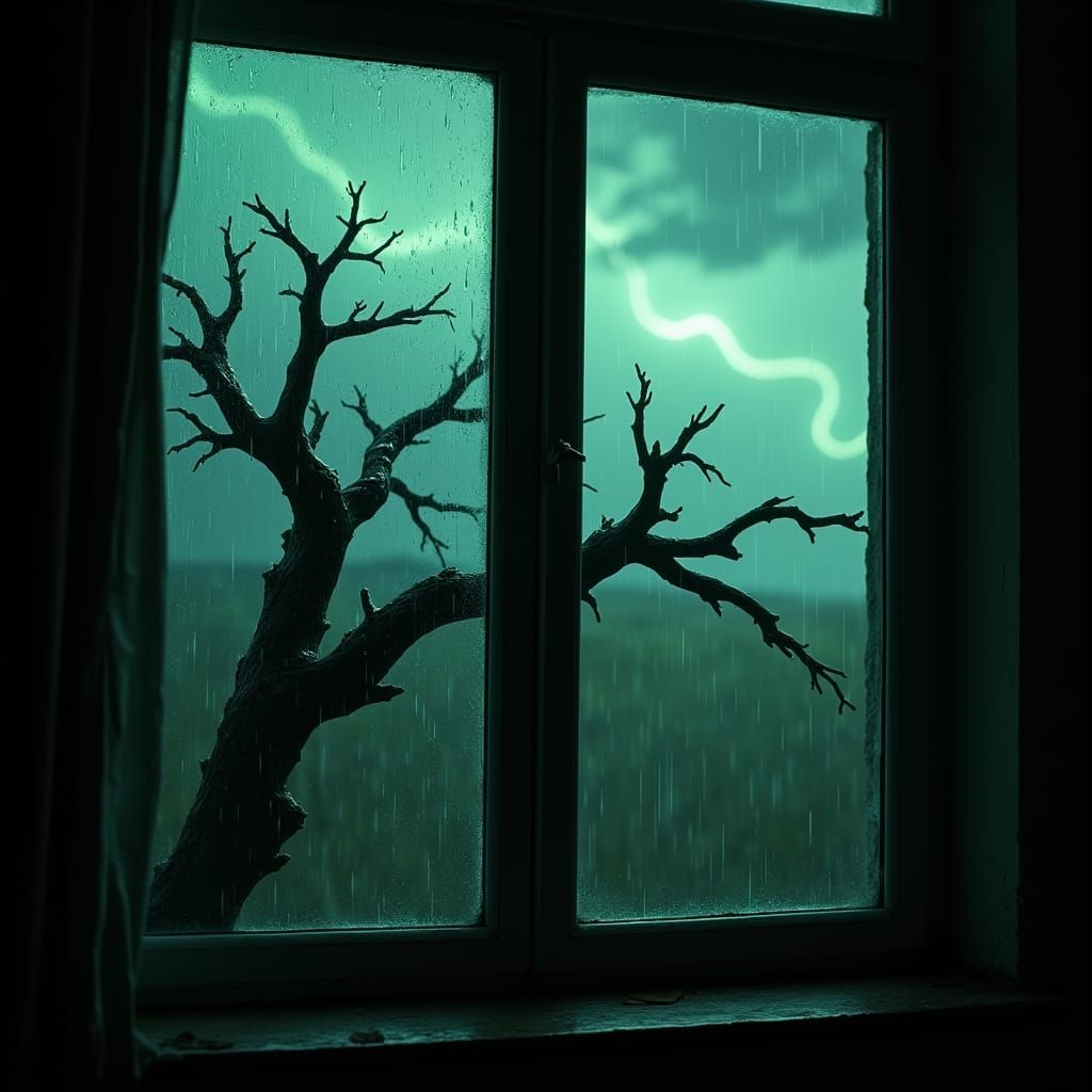 Eerie Nighttime Scene with Twisted Tree Branch and Rain-Soak...