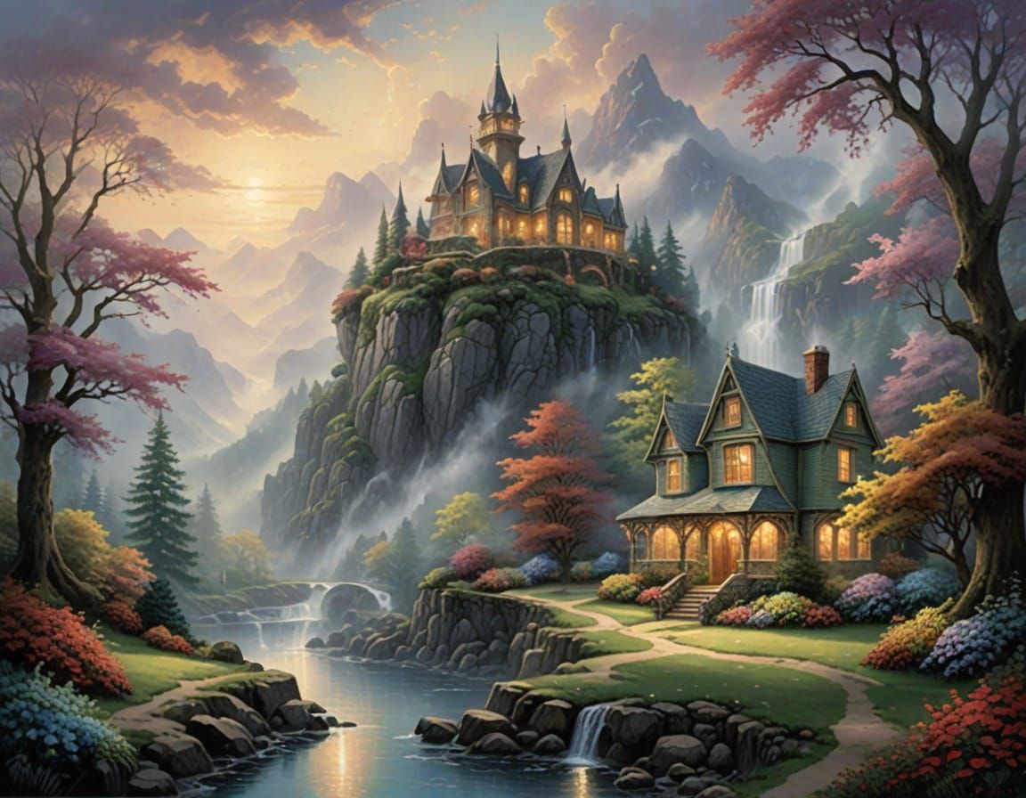 Ethereal Fantasy Mist in Thomas Kinkade Style