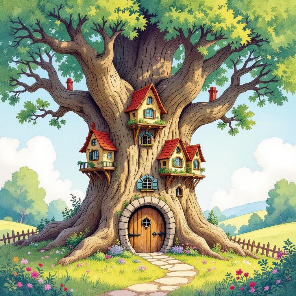 Whimsical Tree Houses as Watercolor Painting