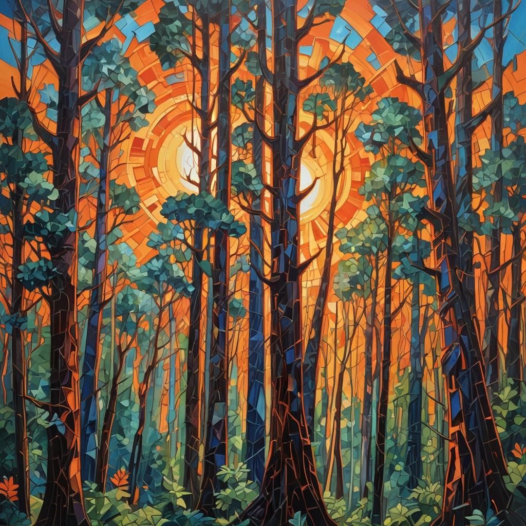 Big bright sun and a burning forest. Cubism