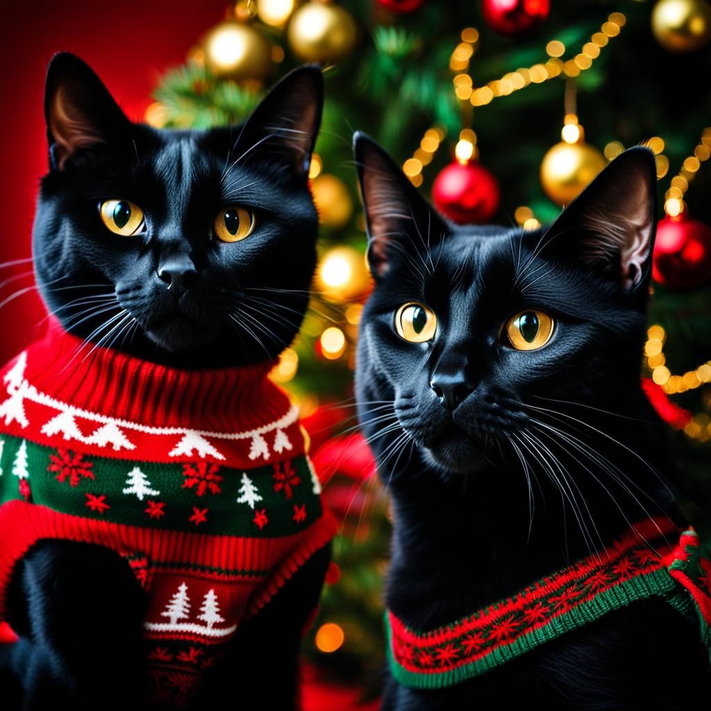Black Cats in Christmas Sweaters by Tree