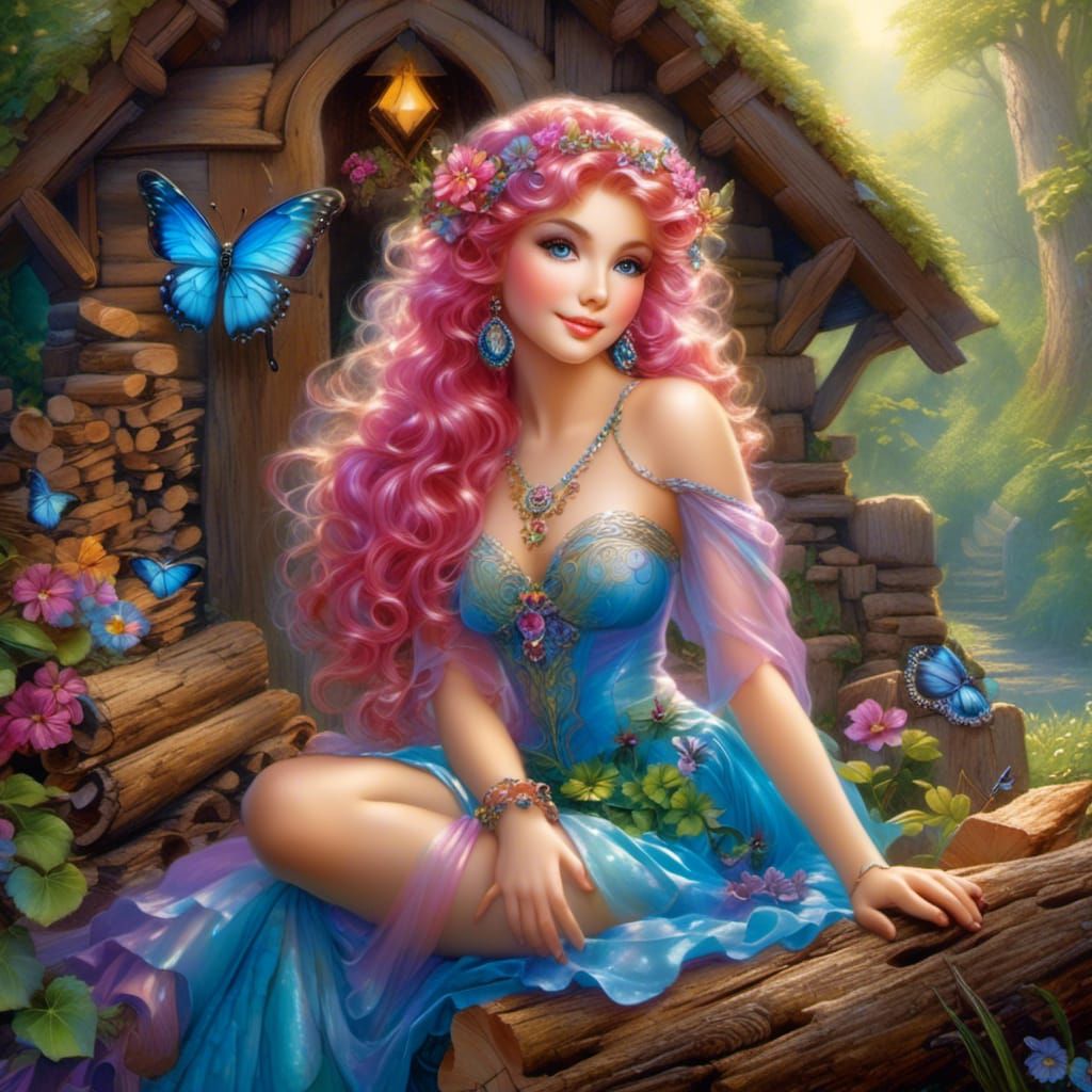 big blue eyes, curly pink hair