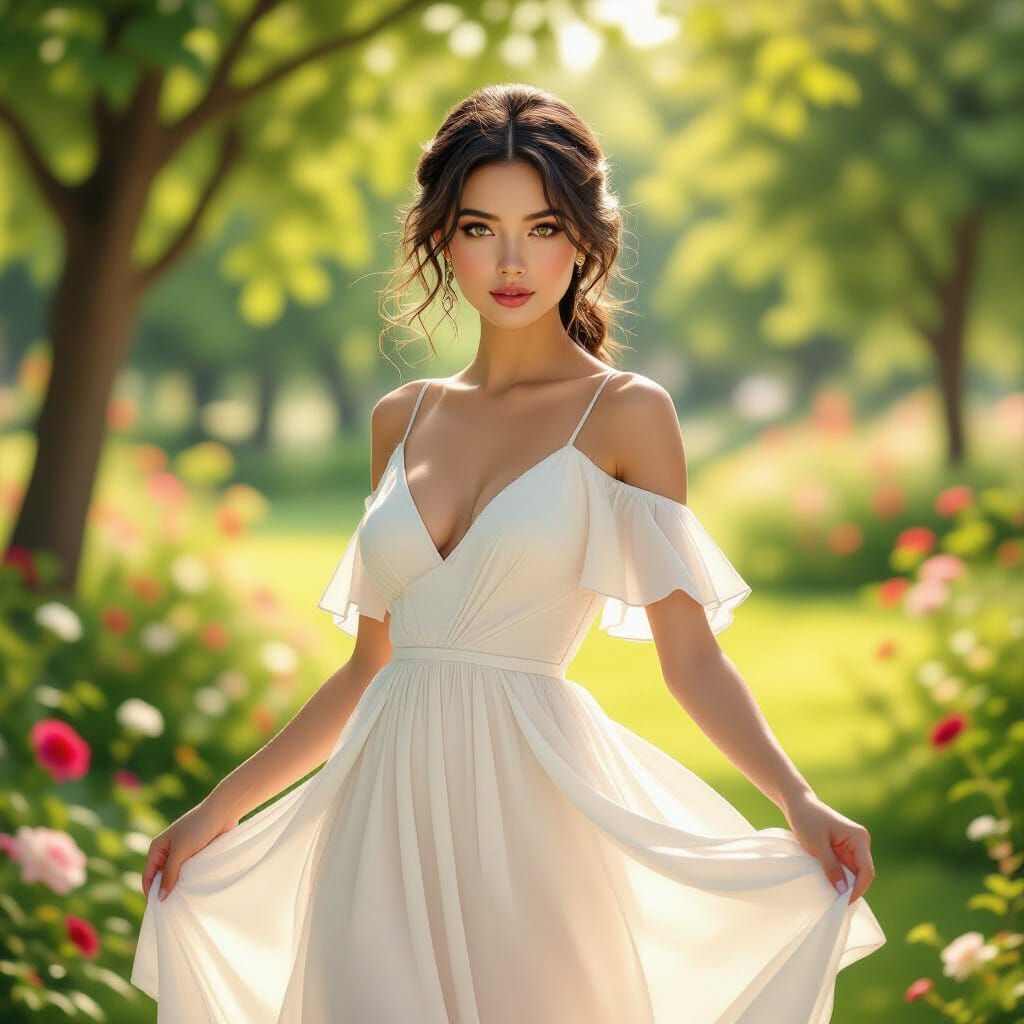 Woman in Flowing Dress in Lush Garden
