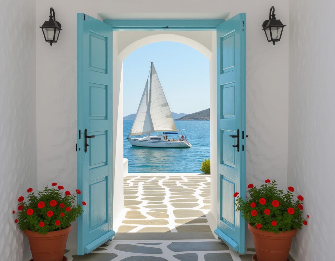 Seascape View Through Open Doorway with Sailboat