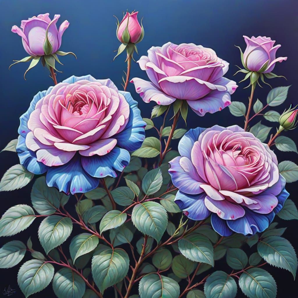 Detailed Rose Garden Painting in Blue, Purple, and Pink