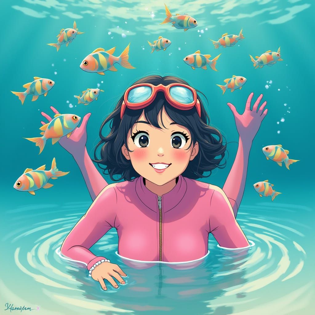 Whimsical Pink Diver in Vibrant Underwater Scene