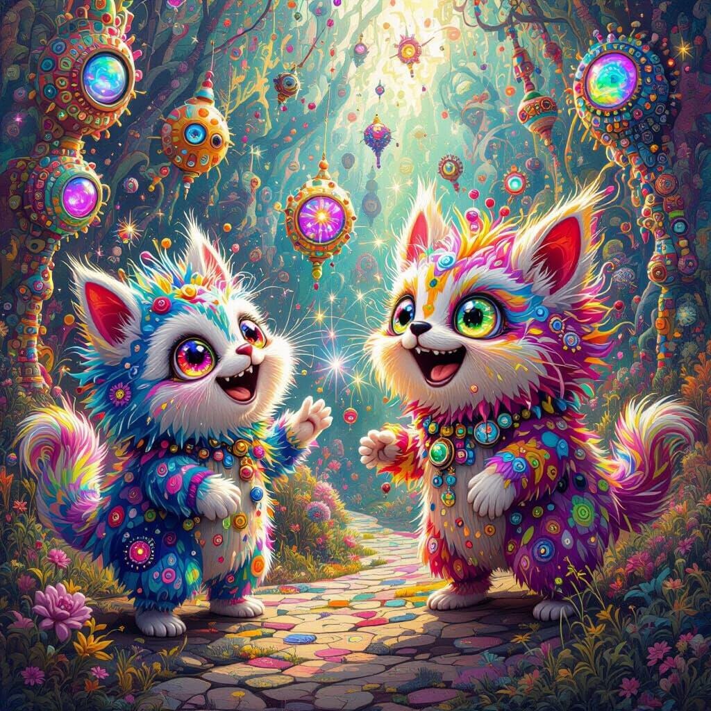 Whimsical Creatures in Hundertwasser-Inspired Dreamscape