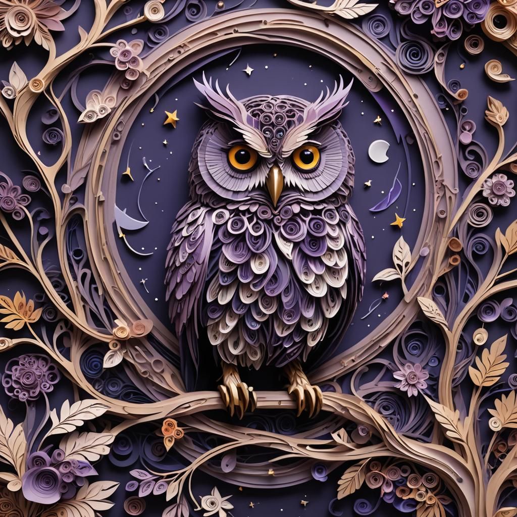Paper Quilled Purple Night Owl Matte Painting