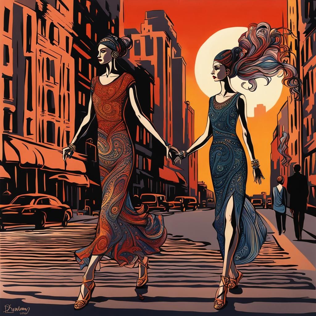 Women Walking at Sunset in Erté Style