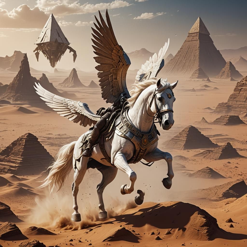 Winged Horse Over Martian Desert: Fantasy Concept Art