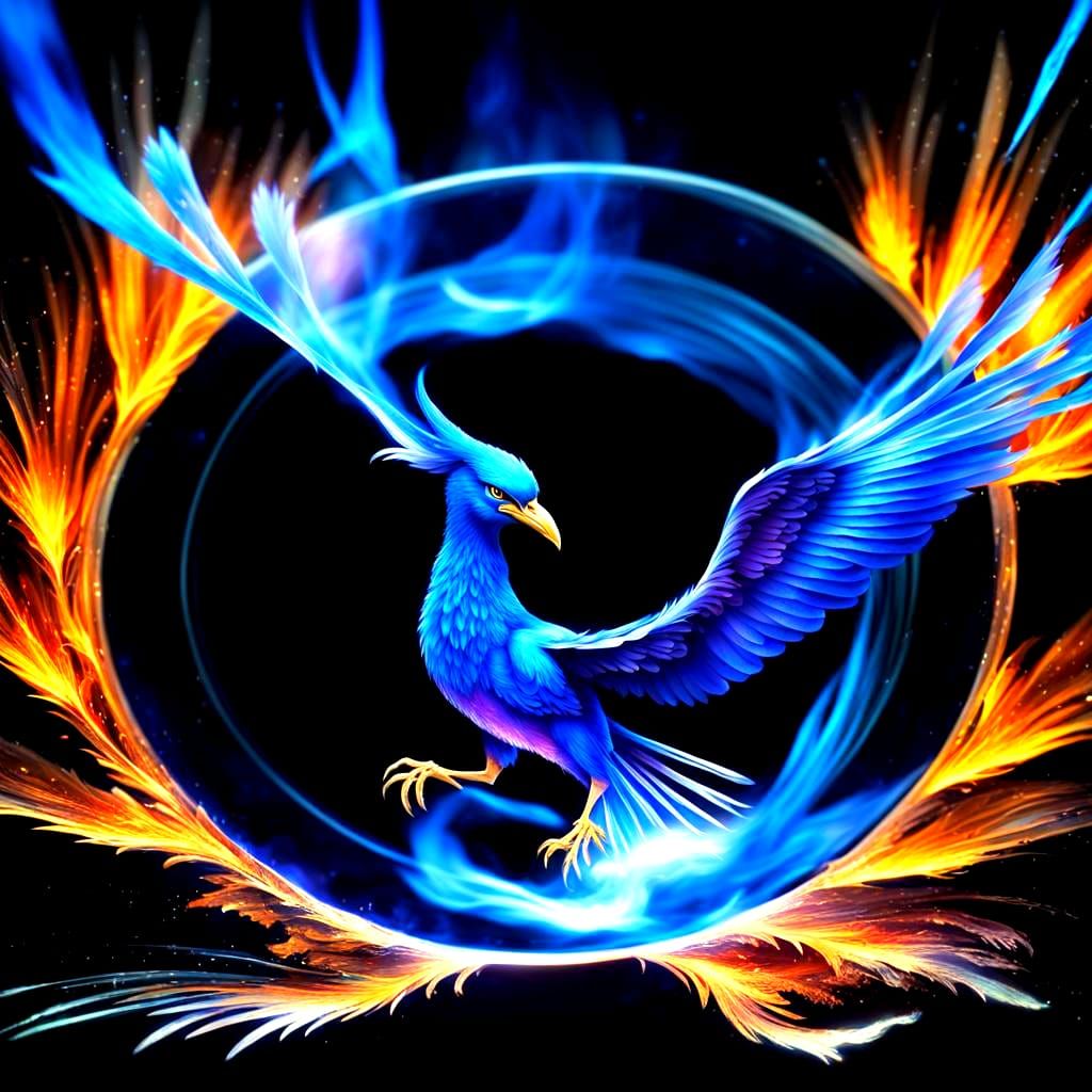 Blue Phoenix Ascending Through Cosmic Portal