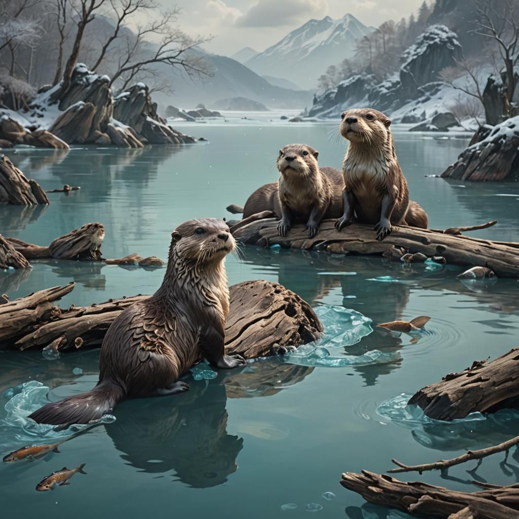 Otters in Icy Water, Fine Japanese Art