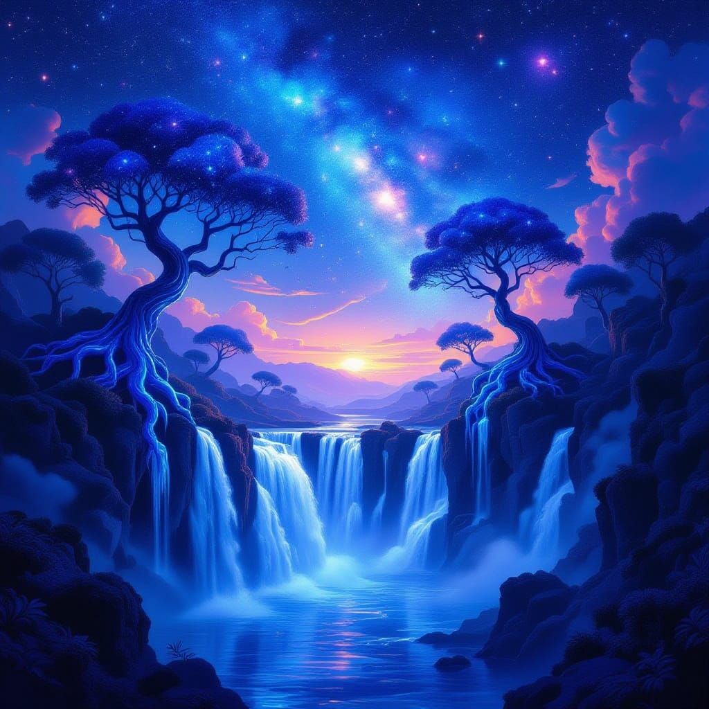 Cosmic Waterfall Into Alien Trees Dreamscape