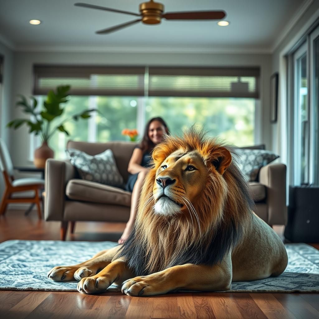 Woman and Lion in Mid-Century Home